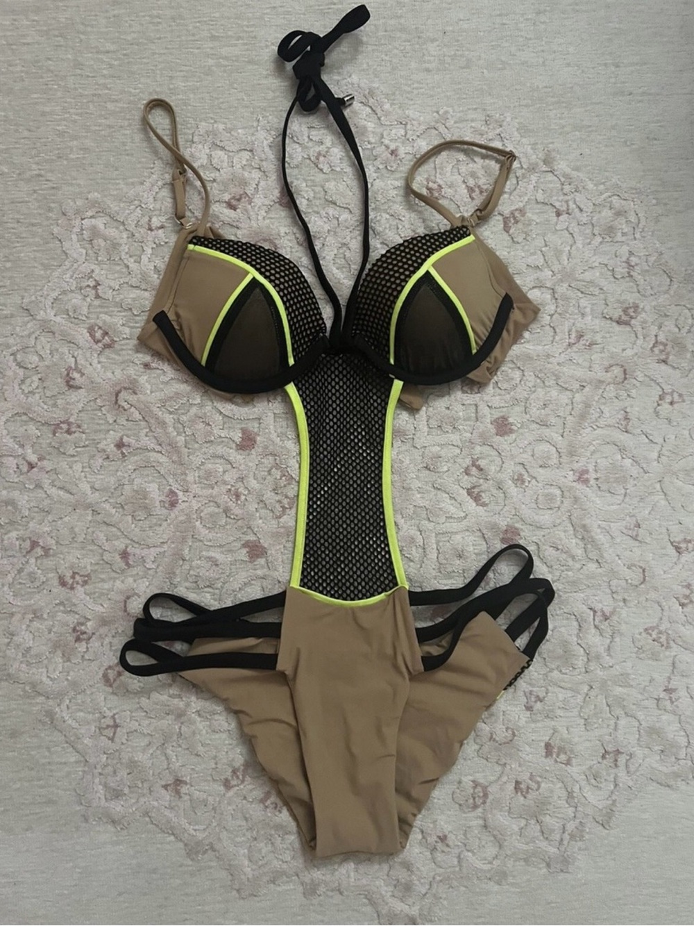 Beach Bunny Tan and Black One-Piece with Neon Yellow Trim